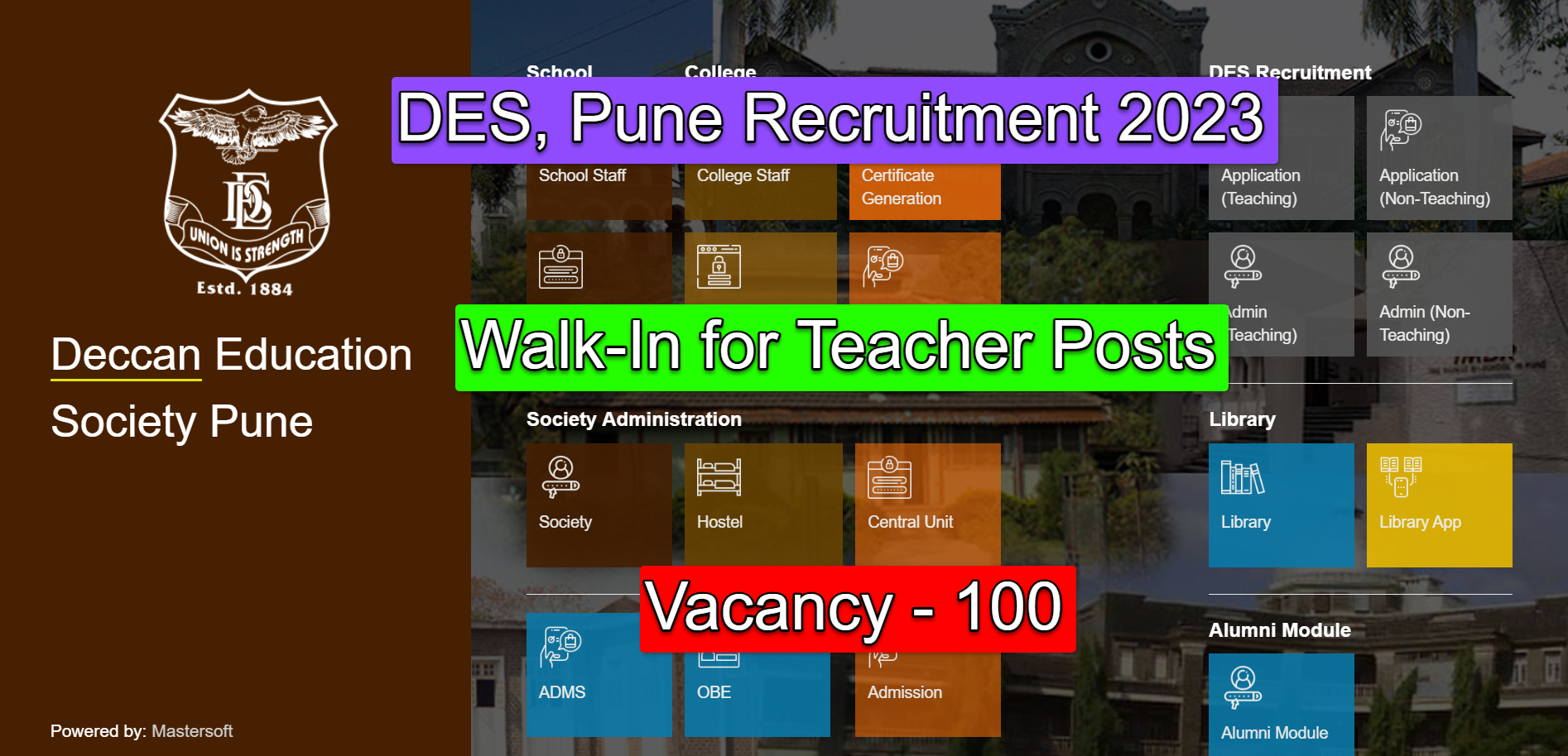 DES, Pune Recruitment 2023 – Walk-In for Teacher Posts